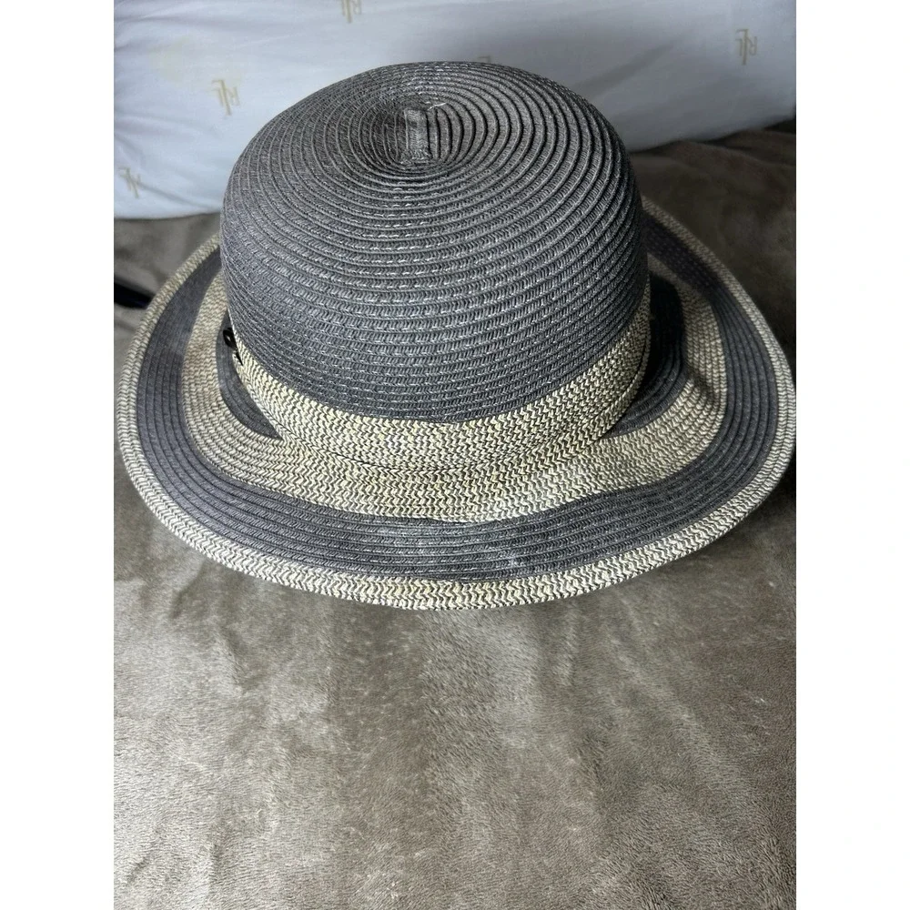 Sun N Sand Headwear Womens Boater Sun Hat‎ Black Tan Striped Wide Brim OS